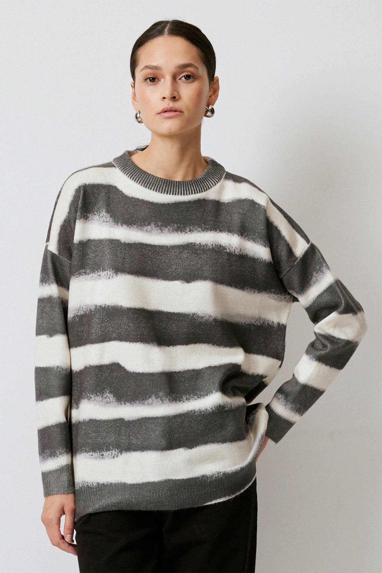 SOFT TEXTURED HIGH NECK STRIPED SWEATER