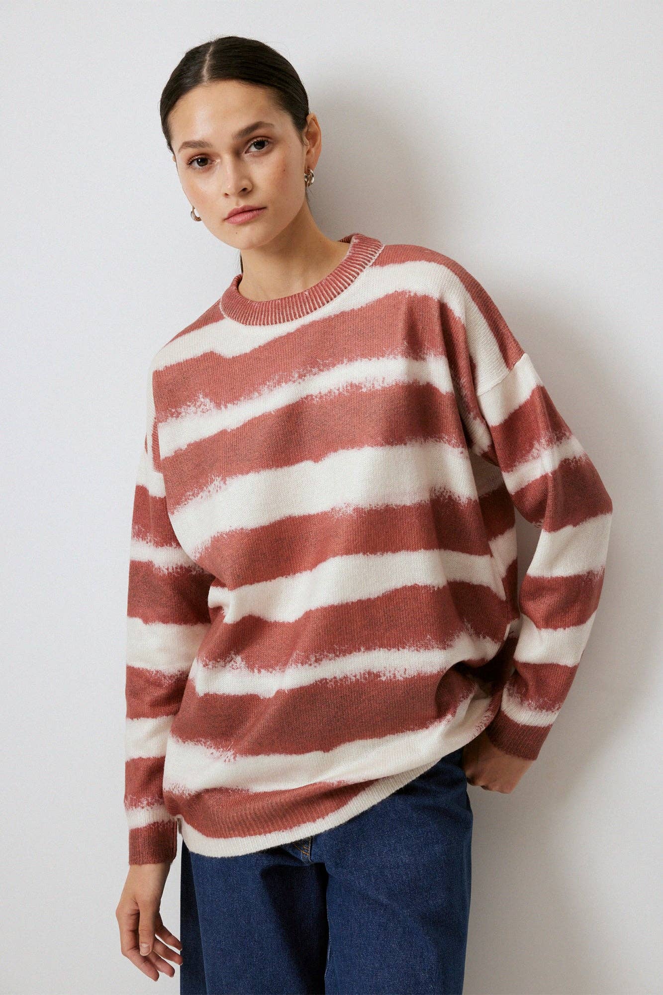 SOFT TEXTURED HIGH NECK STRIPED SWEATER