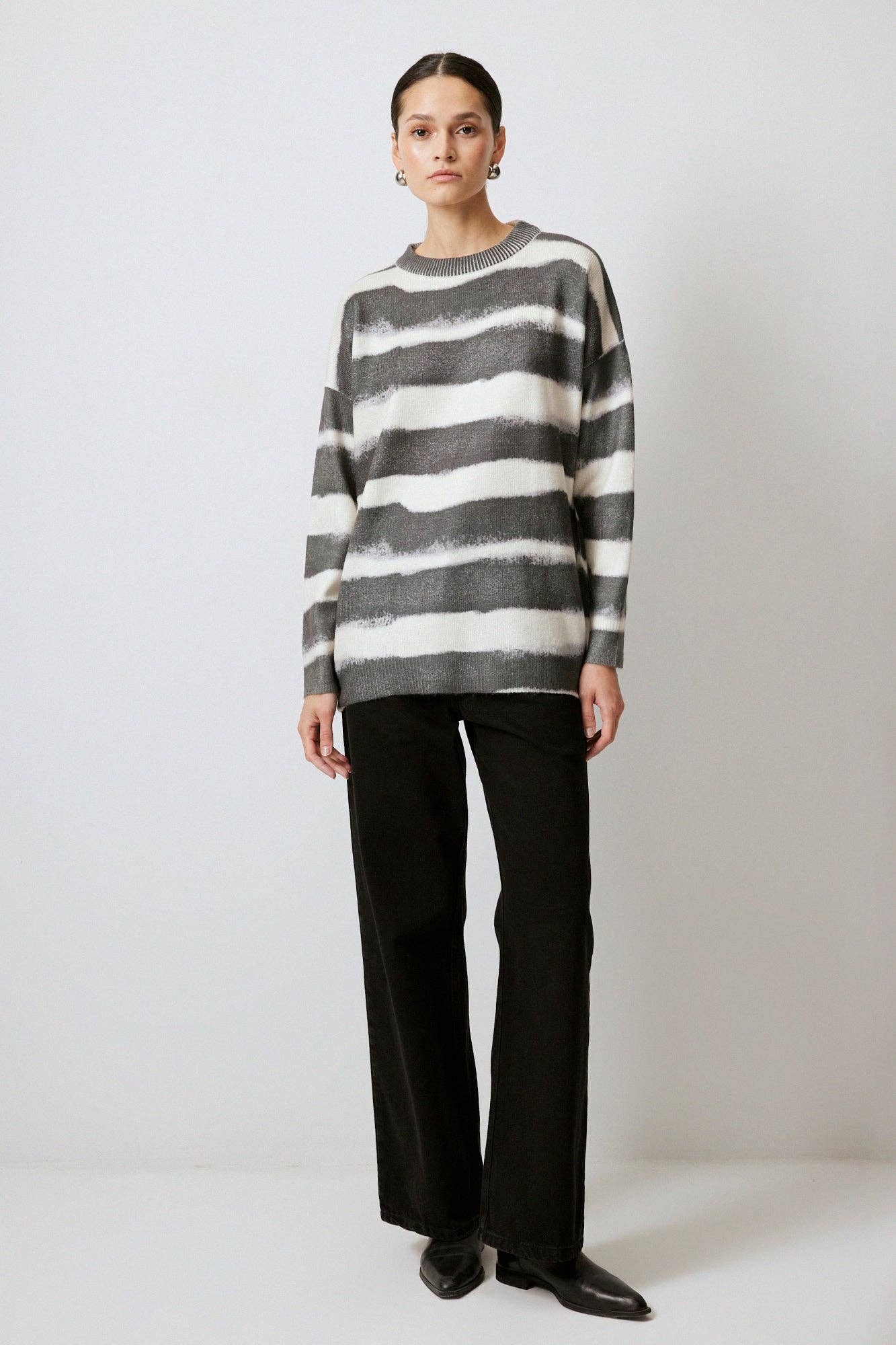 SOFT TEXTURED HIGH NECK STRIPED SWEATER