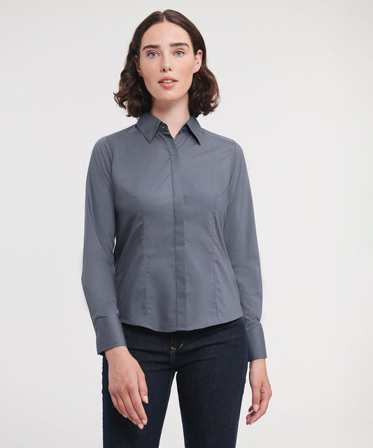 Russell Collection Women's Long Sleeve Polycotton Easycare Fitted Poplin Shirt