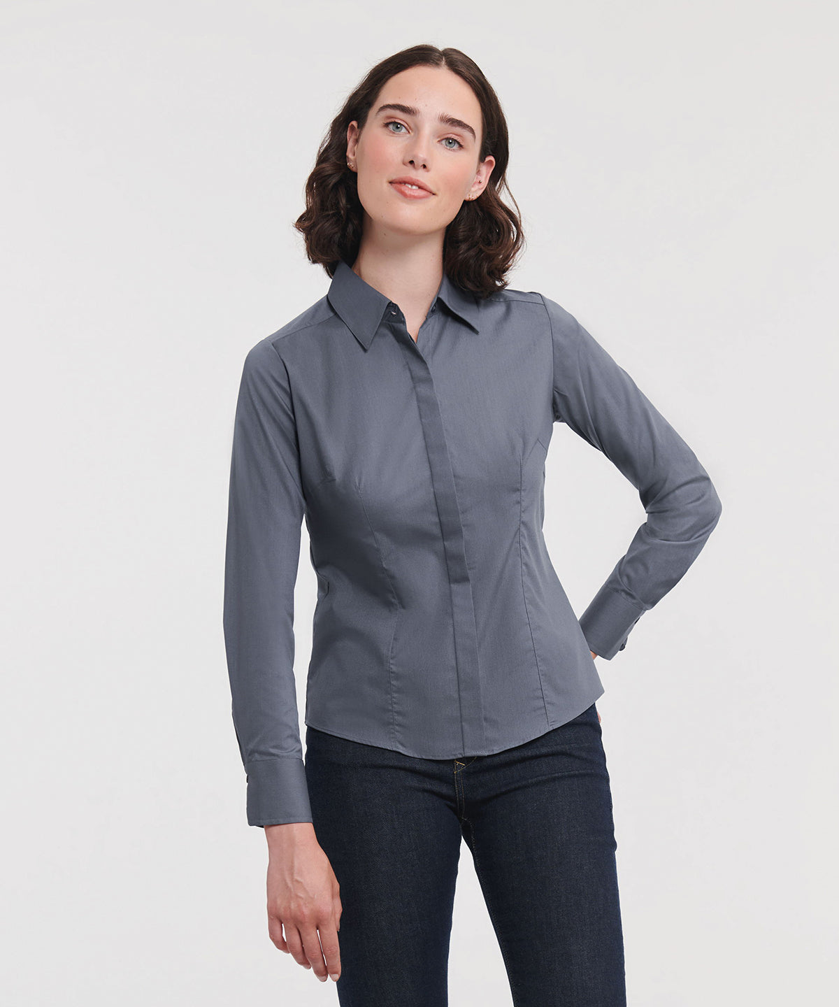 Russell Collection Women's Long Sleeve Polycotton Easycare Fitted Poplin Shirt