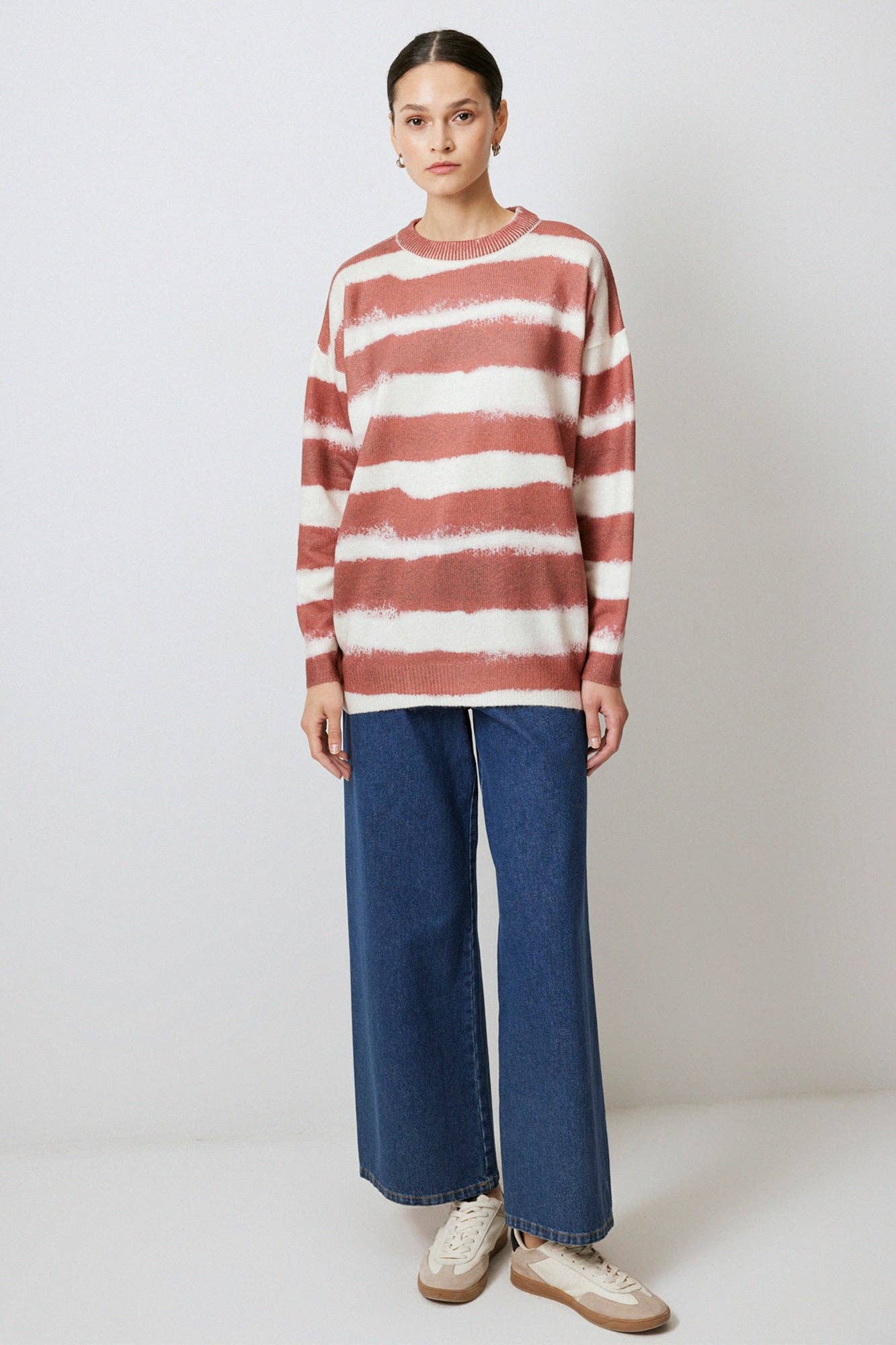 SOFT TEXTURED HIGH NECK STRIPED SWEATER